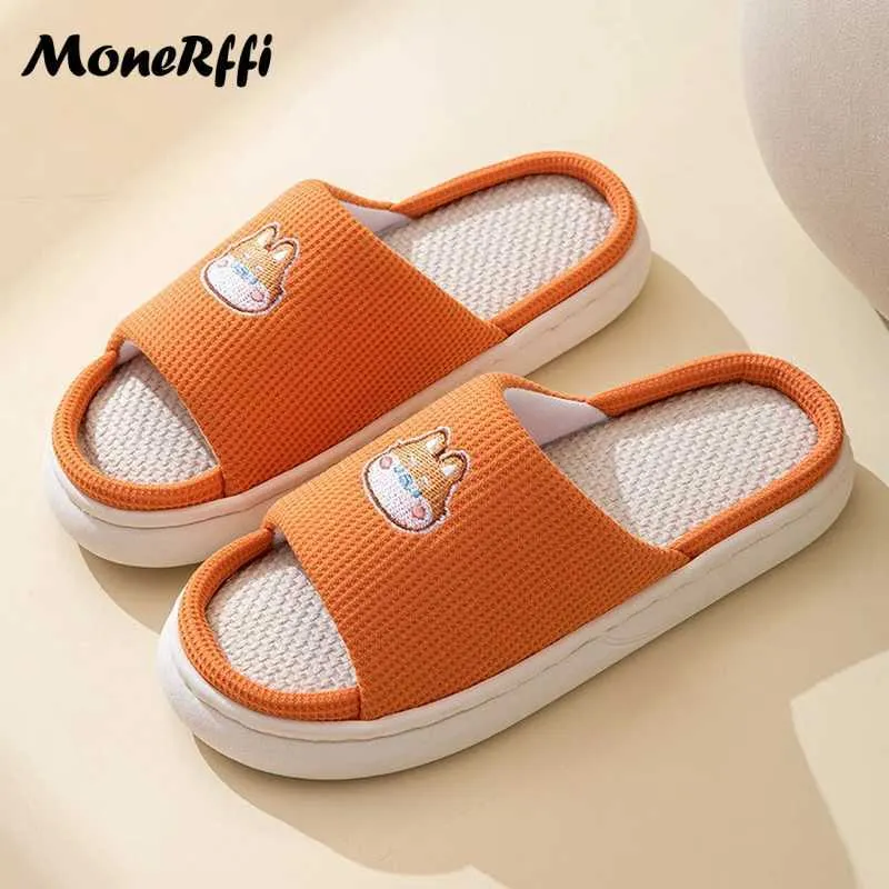 Chinelos Nova Vaca Mulheres Sapatos Verão Linho Interior Não-Slip Bonito Dos Desenhos Animados Sandálias Casa Flip Flops Kaii Slides Ladies014XWJ H240322XWLQ H240322