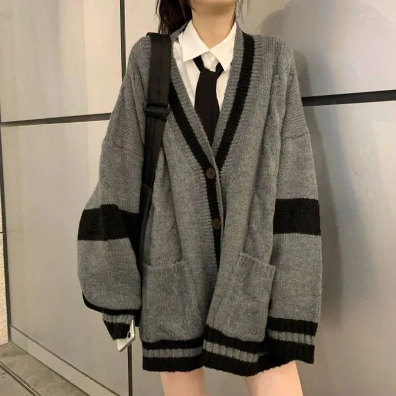 Women's Knits Cardigan Grey Striped Knitted Sweater Women Korean Fashion Oversize Jumper Harajuku Streetwear Preppy Loose Long Sleeve Coat