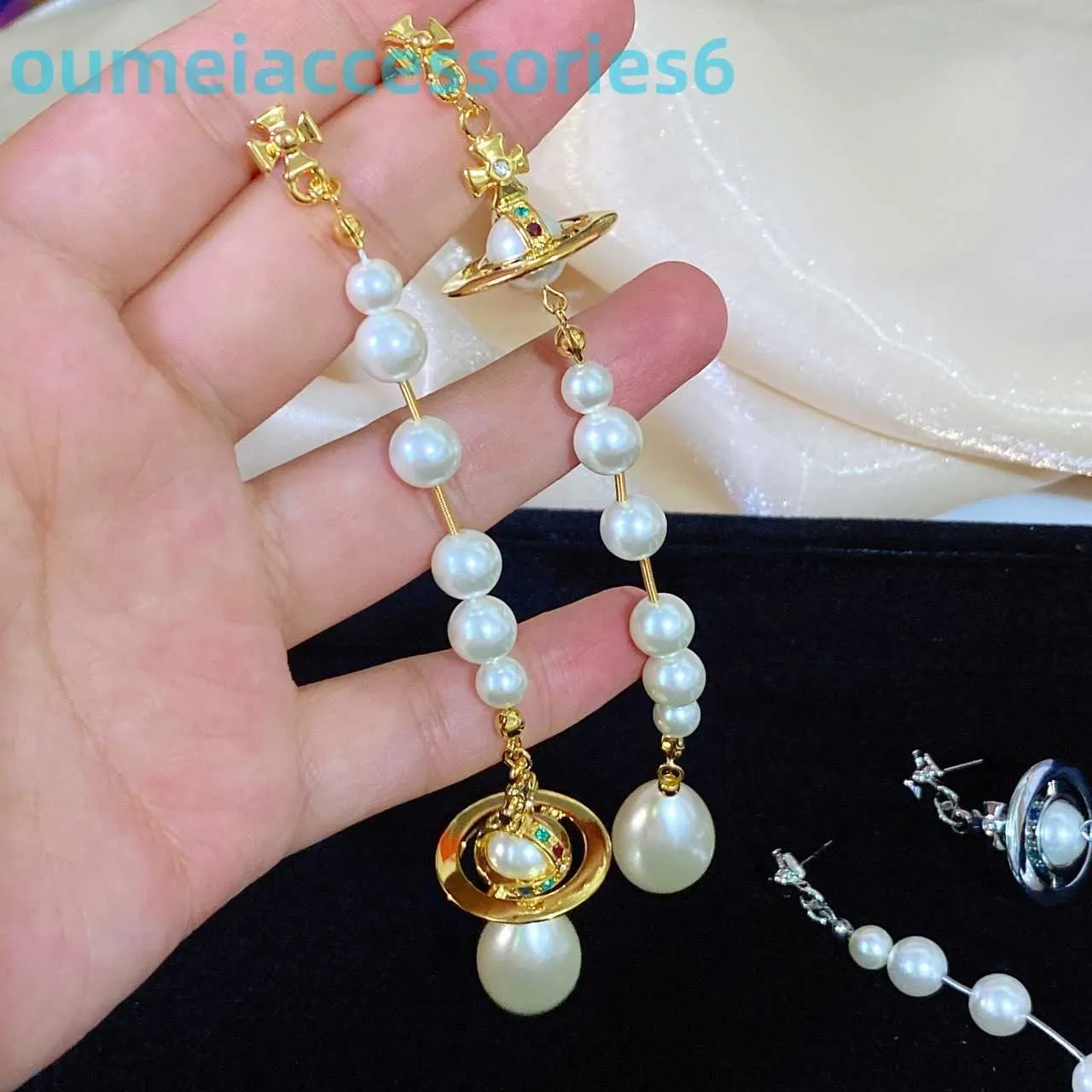 Branddesigner-pendiente viuda de emperatriz occidental, aretes con perlas, hombro francés, barrido, planeta largo, gotas de agua, pendientes de aguja de plata