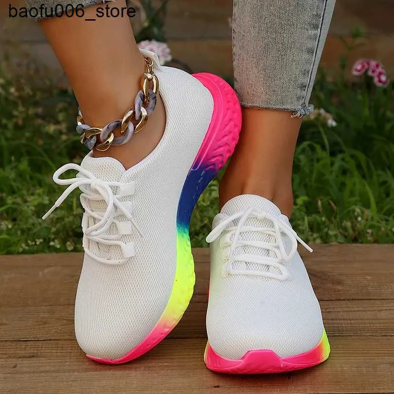 Casual Shoes Lucifer Fashion Rainbow sole Sports Shoes for Womens 2023 New Breathable Mesh Tennis Womens Knitted Anti slip Running Shoes Plus Size 43 Q240320