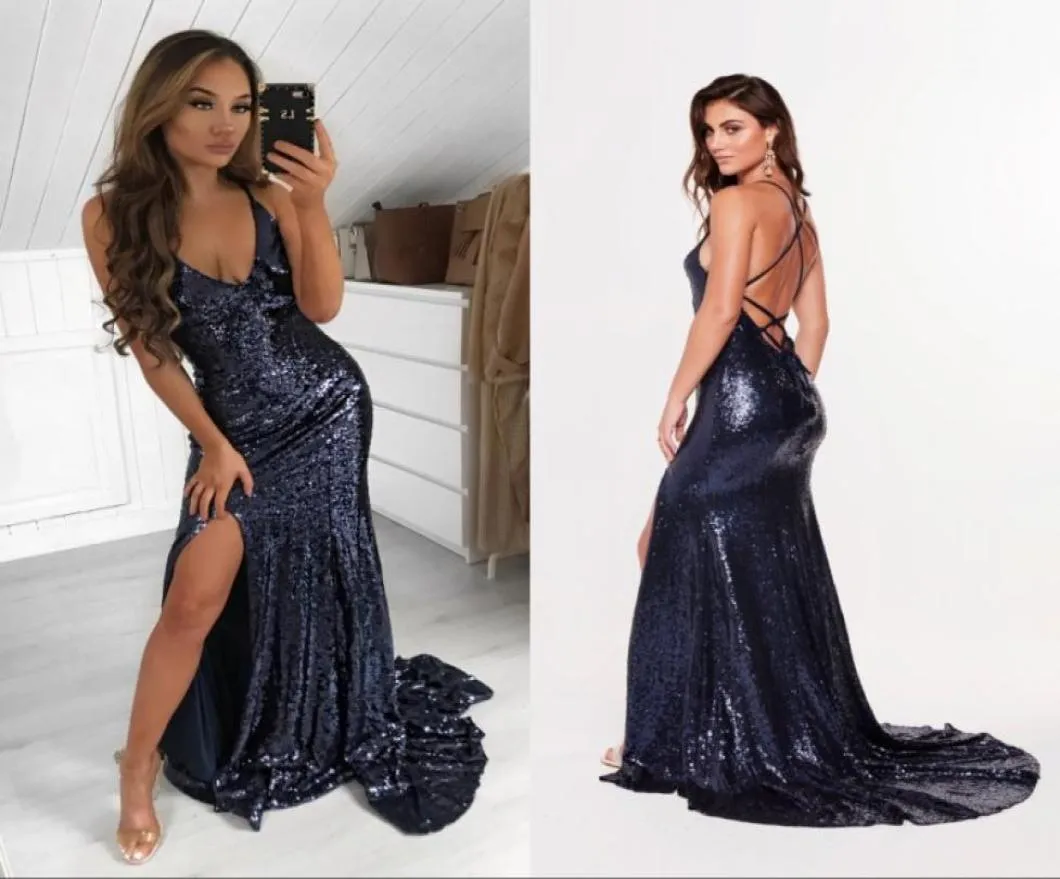 Sparkle Navy Blue Pissed Prom Party Dresses Sexy Mermaid V Neck Split Corset Bridesmaid Aftonklänningar Golvlängd Vestidos Chea4913201