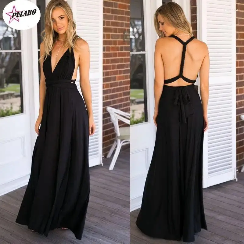 Abiti casual PULABO Sexy Backless Lucido Raso Profondo scollo a V Aderente Festa di nozze Vestito dalla fasciatura Halter Piano Lunghezza Sera Maxi Donna