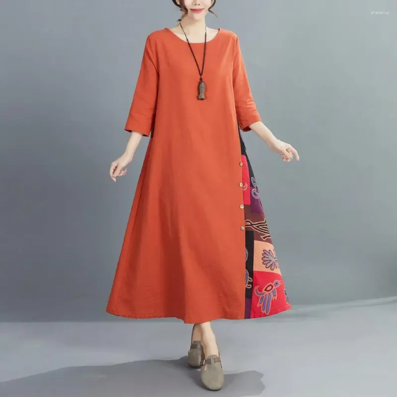 Casual Dresses Women Spring Summer Dress Retro Color Matching Printed A-line Loose Hem Three Quarter Sleeves Maxi