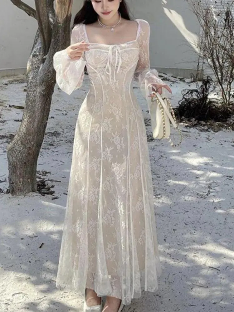 Sıradan elbiseler seksi dantel elbise kadın örgü patchwork uzun kollu kare yaka