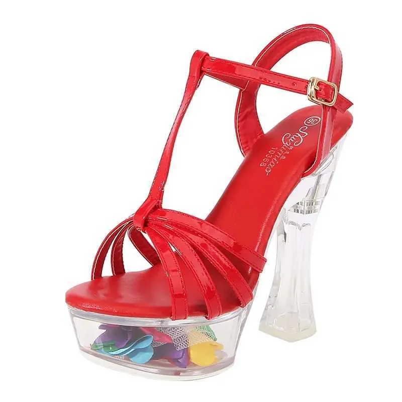 Klänningsskor transparent plattformar Sexig kvinna sko 14cm modell catwalk show mode sandaler tjocka hög heel nattklubb stål rördans H24032501