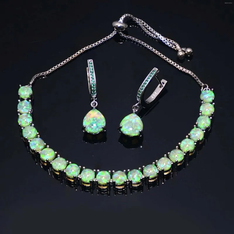 Necklace Earrings Set Kiwi Green Round Fire Opal Link Bracelet And Matching Earring