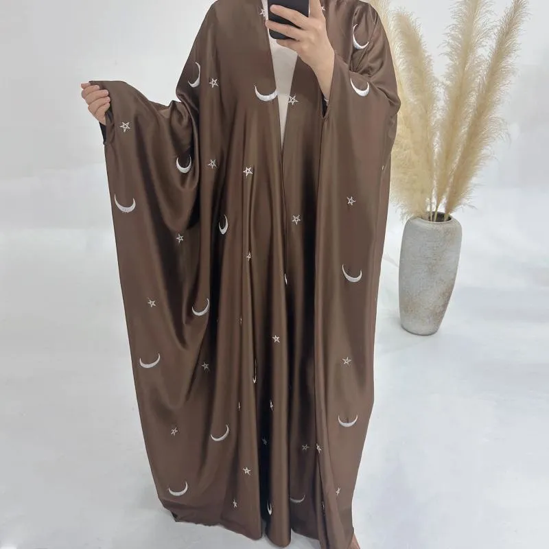 Roupas étnicas Ramadan Dubai Kaftan Lua Estrela Bordado Cetim Aberto Abaya Kimono Mulheres Muçulmanas Mangas Borboleta Islâmico Turk Marrocos
