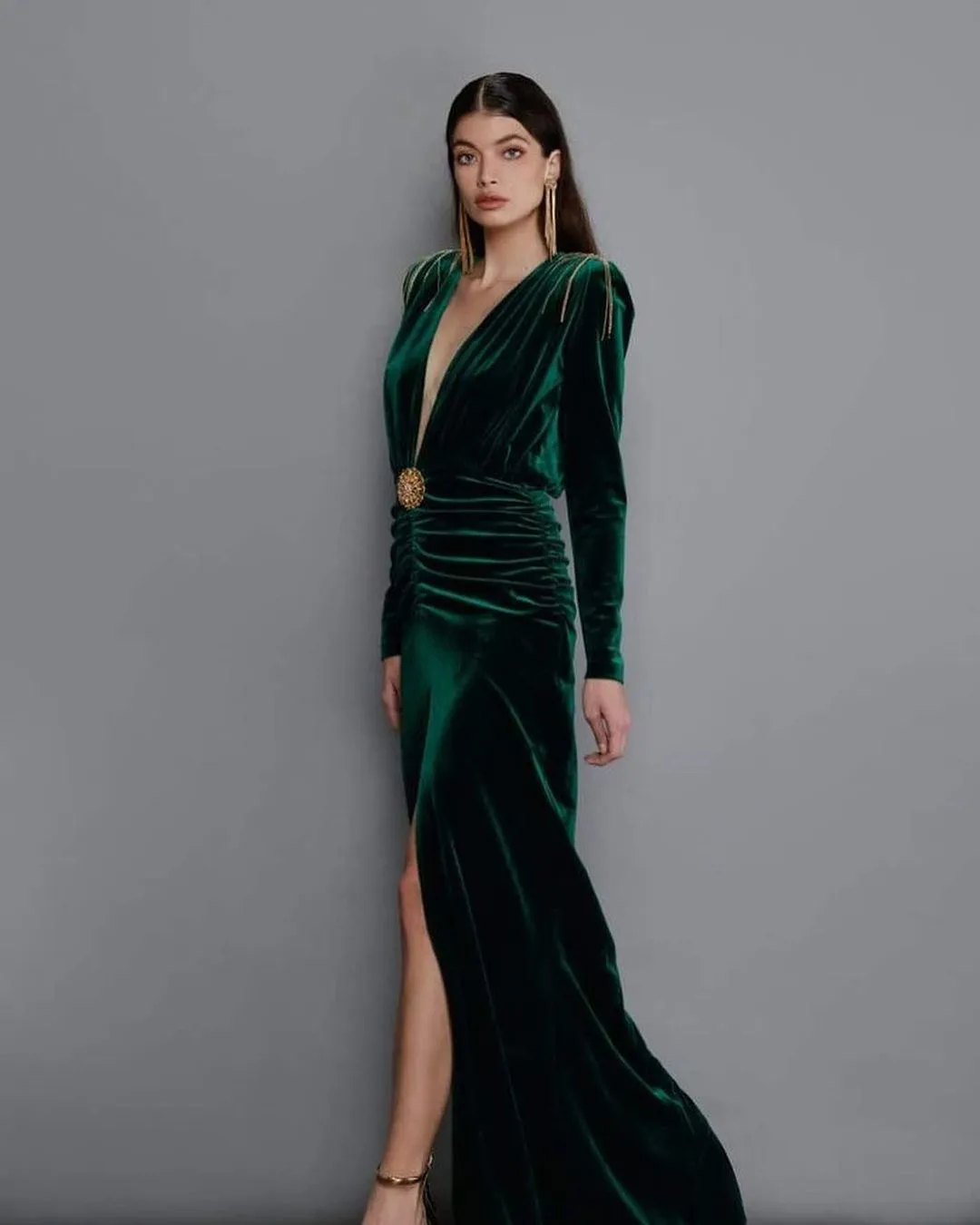 hunter green velvet long dress Hunter Green Velvet Off The Shoulder Notch Wedding Guest Dress