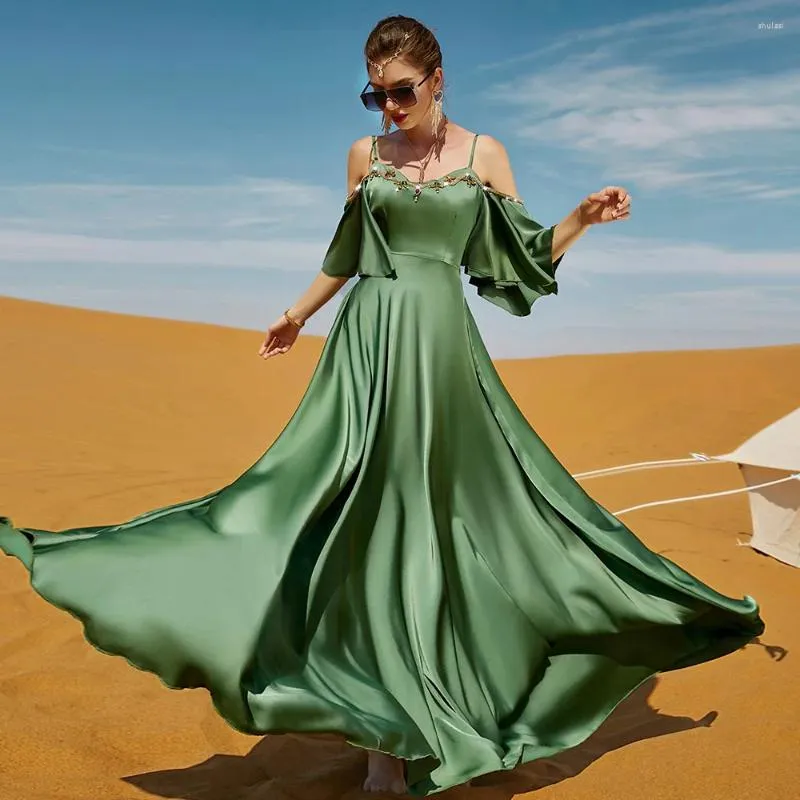 Etnik Giyim Lüks Rhinestone Satin Elbise Kadın Seksi Kayma Akşam Düğün Dubai Abaya Türkiye Arap Fas Jalabiya Kaftan Vestidos
