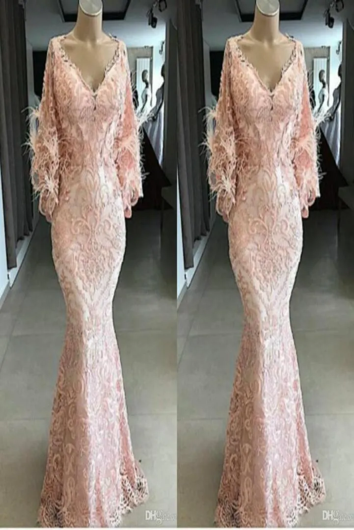 Yousef Aljasmi 2020 Evening Dresses V Neck Lace Appliqued Pink Feather Mermaid Prom Gowns Long Sleeves Sweep Train Special Occasio4493933