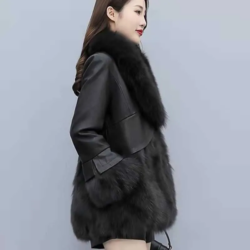 Women's Fur Faux Fur Haining Coat Winter New Mid Length Fox Hair Korean Edition Pu Leather Spliced Fur Coat for Women