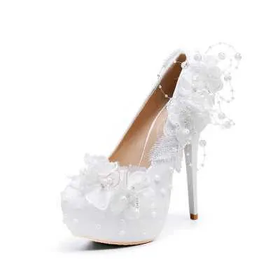 Sapatos de vestido Lace Mulher Bombas Plataforma de Casamento Pérola Branco Sexy Stiletto Salto Alto 14cm Feminino Princesa H240321P9YB