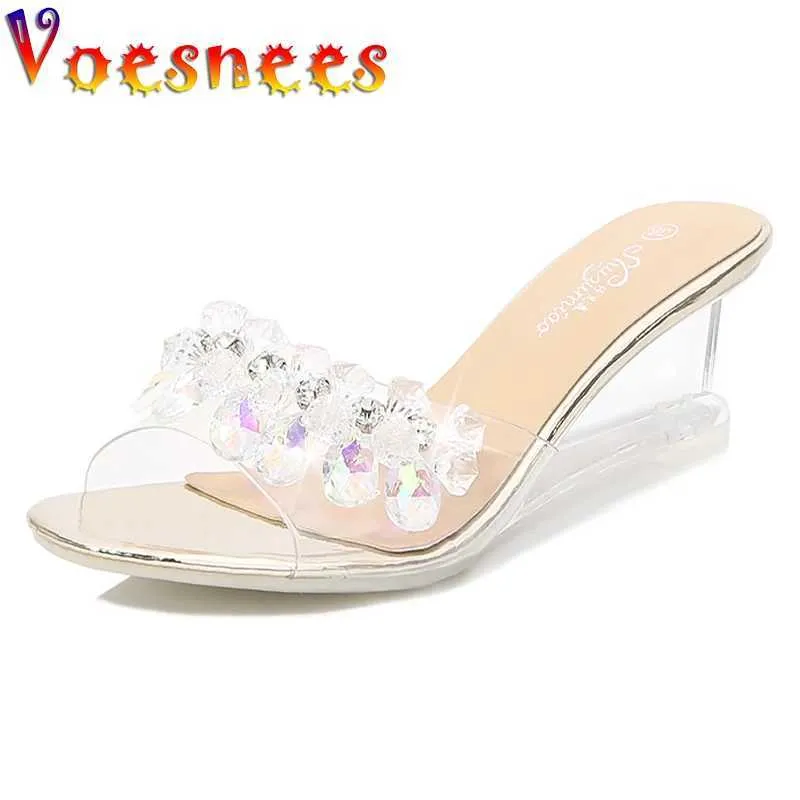 Sapatos de vestido Voesnees chinelos mulheres moda strass sandálias transparentes 2021 verão novo antiderrapante cunhas slides modelo feminino passarela h240325