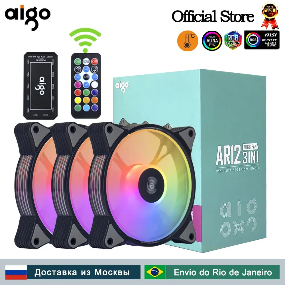 AIGO AR12 120mm PC Gamer Computer Case Fan RGB 12V Heatsink Aura Sync Cooler Argb Silent Controller Kit Fan Cooling Ventilador 240401