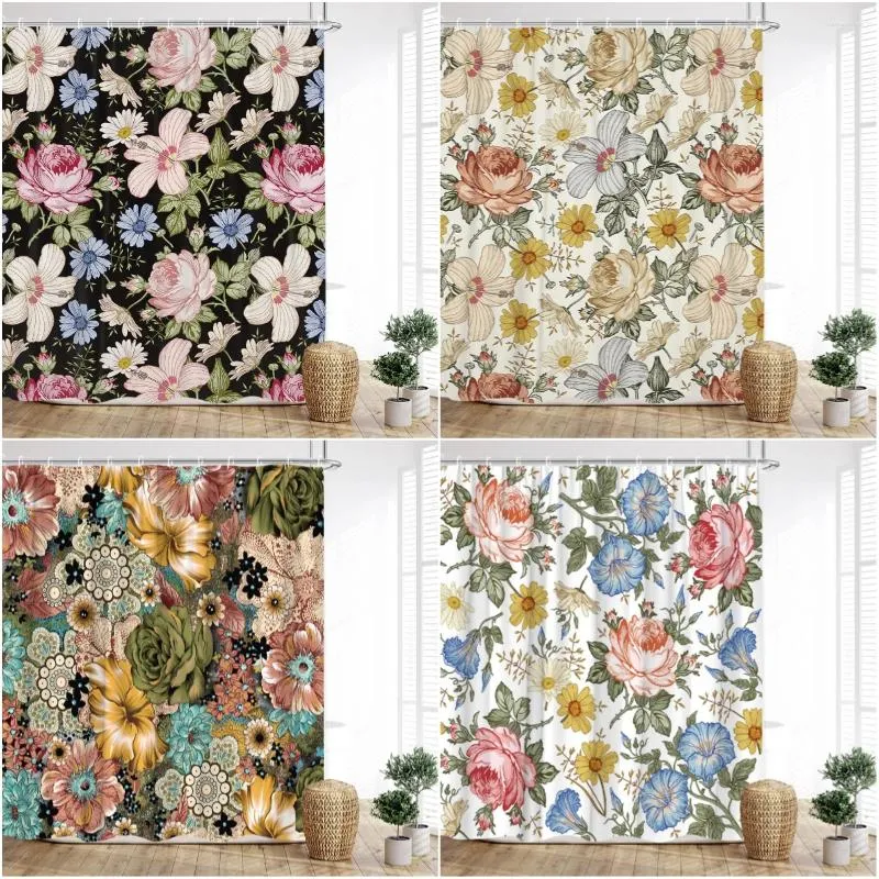 Rideaux de douche Vintage Floral Rideau Bohème Aquarelle Feuille Botanique Impression Polyester Tissu Salle De Bain Décoratif avec Crochets