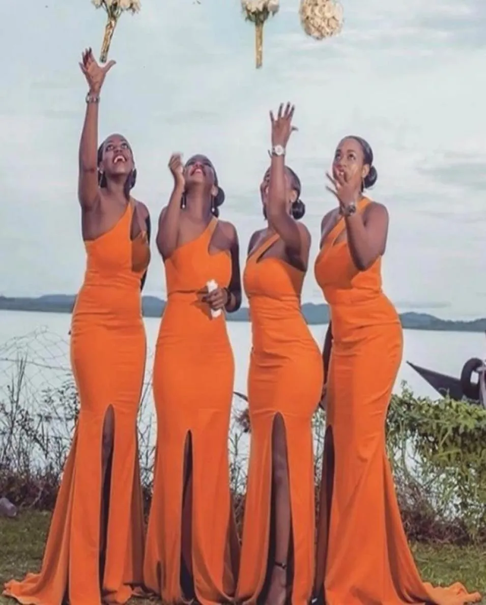 Yeni turuncu uzun denizkızı nedime elbiseleri bir omuz ile bölünmüş Afrikalı kadınlar düğün konuk partisi elbise vestidos2610245
