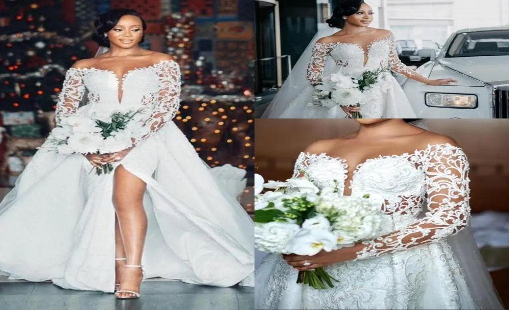 2023 Роскошное свадебное платье в африканском стиле с русалкой, свадебные платья со съемным шлейфом с открытыми плечами и длинными рукавами, кружевные аппликации с кристаллами 8143952