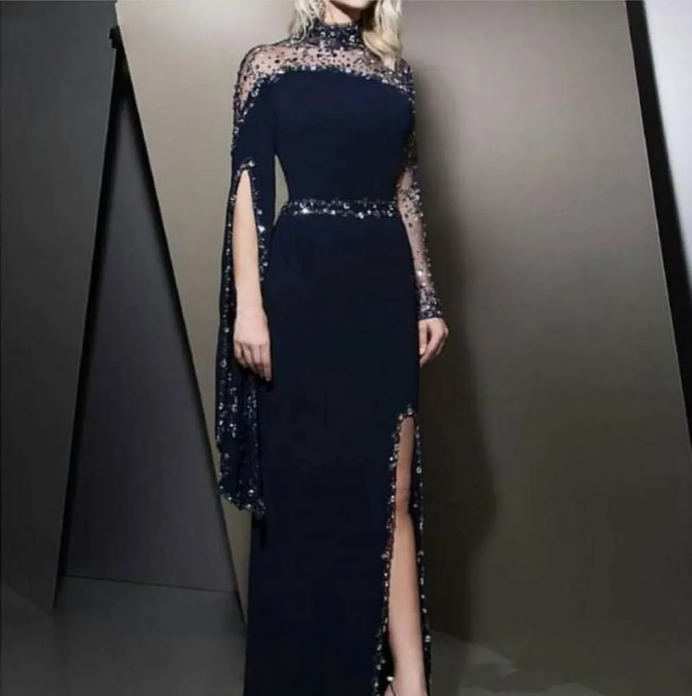 2020 Nya formella High Neck Navy Blue Evening Dresses Kaftan Dubai Pärlade långärmad festklänningar Modest Robe de Soiree Split Prom D6292096