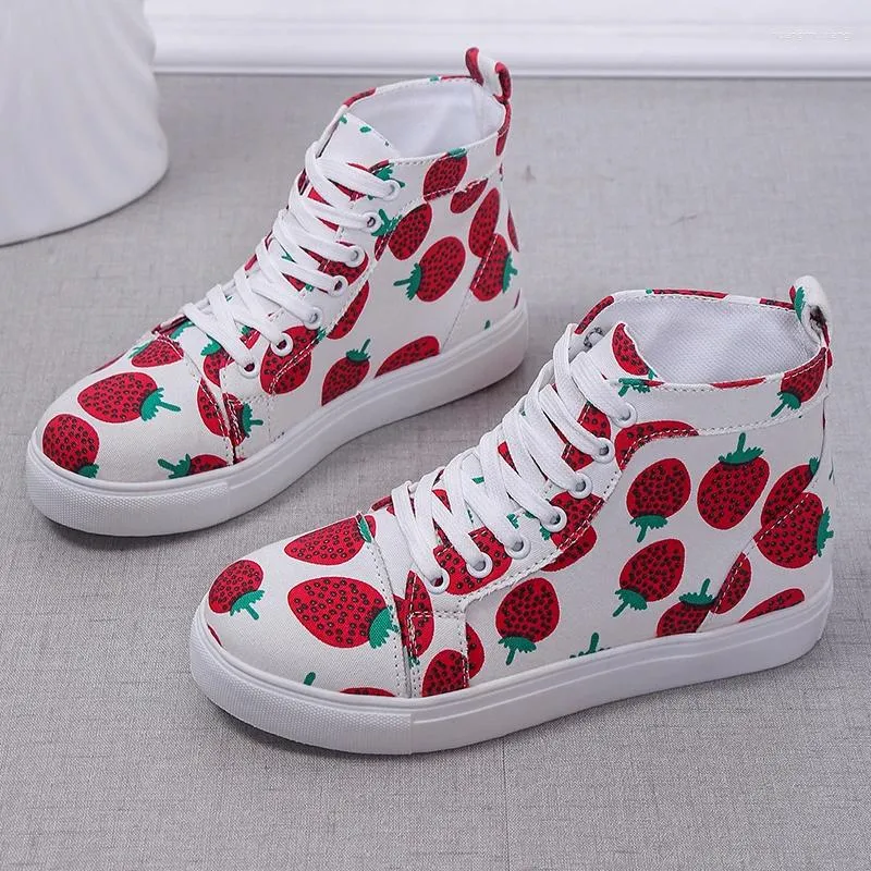 Casual Shoes Strawberry Canvas Women 2024 High Top Lace Up Sneakers Flat Sweet Walking Vulcanized