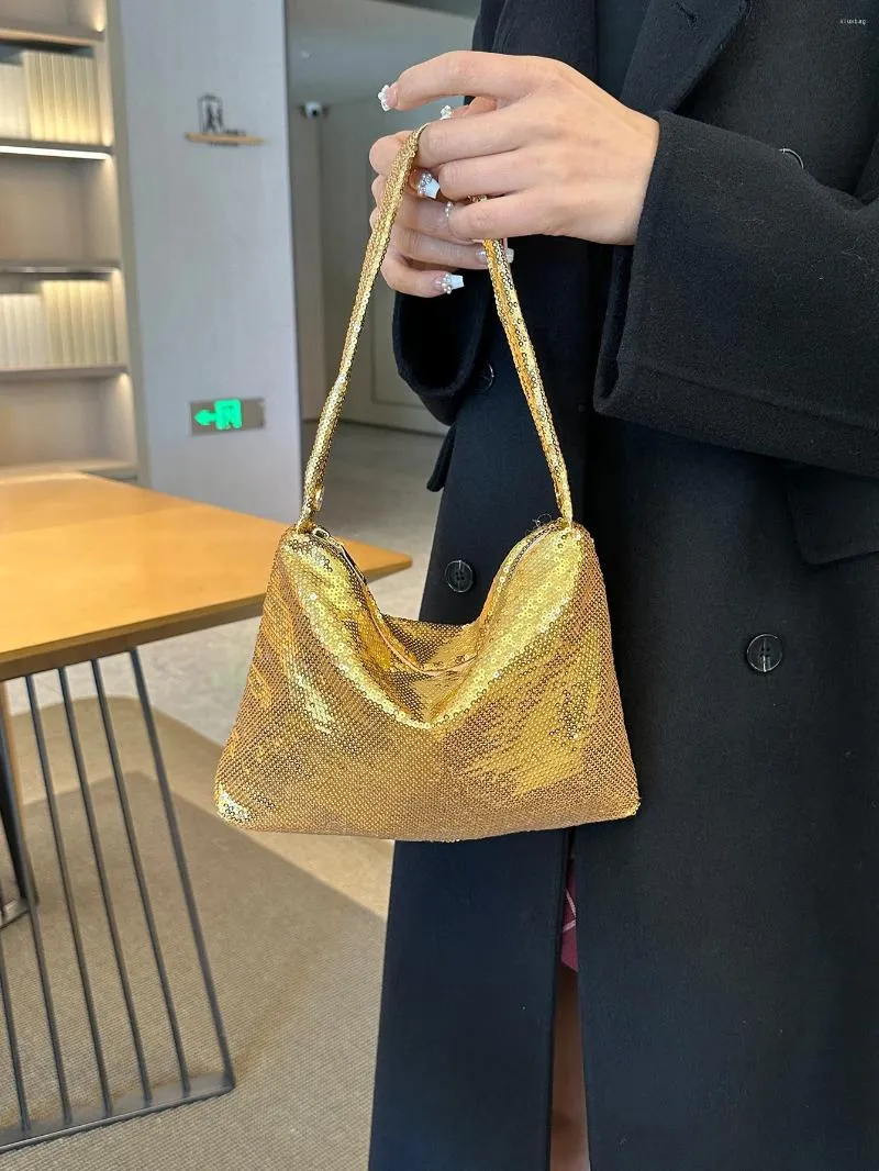 Drawstring Silvery Handbag Bag For Women 2024 In Simple And Fashionable Colorful Sequins Underarm Shoulder Dinner