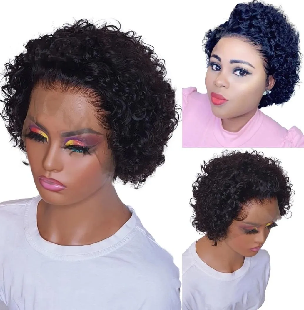 Natural Brasilian Short Curly Wig Deep Wave Bob Syntetisk spetsfront före plockade peruker för svarta kvinnor7642042