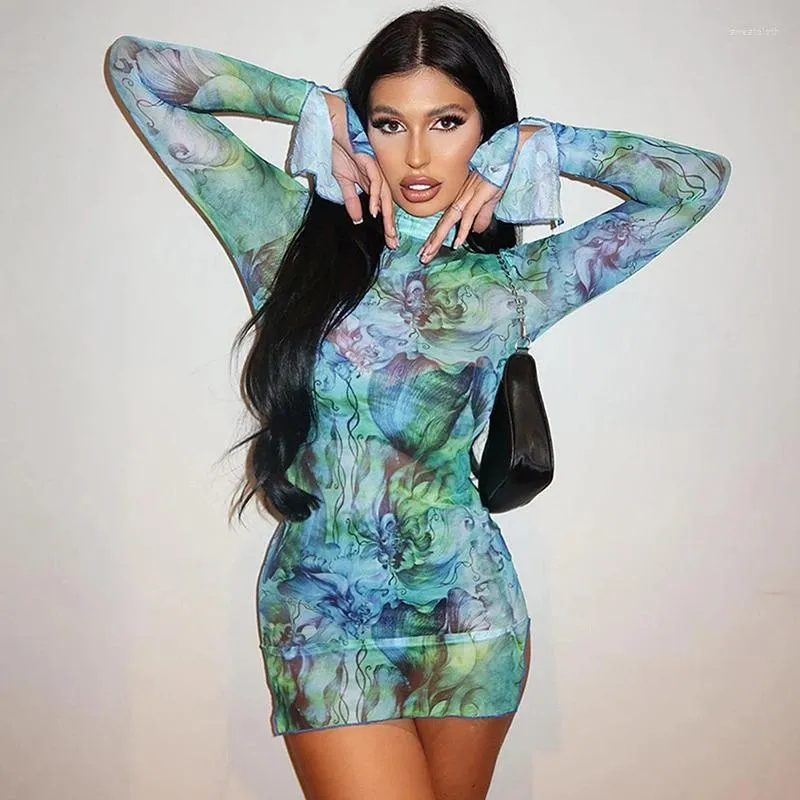 Casual Dresses Abstract Print Mesh Long Sleeve 2024 Sexy Club Outfit See Through Turtleneck Slit Mini Dress