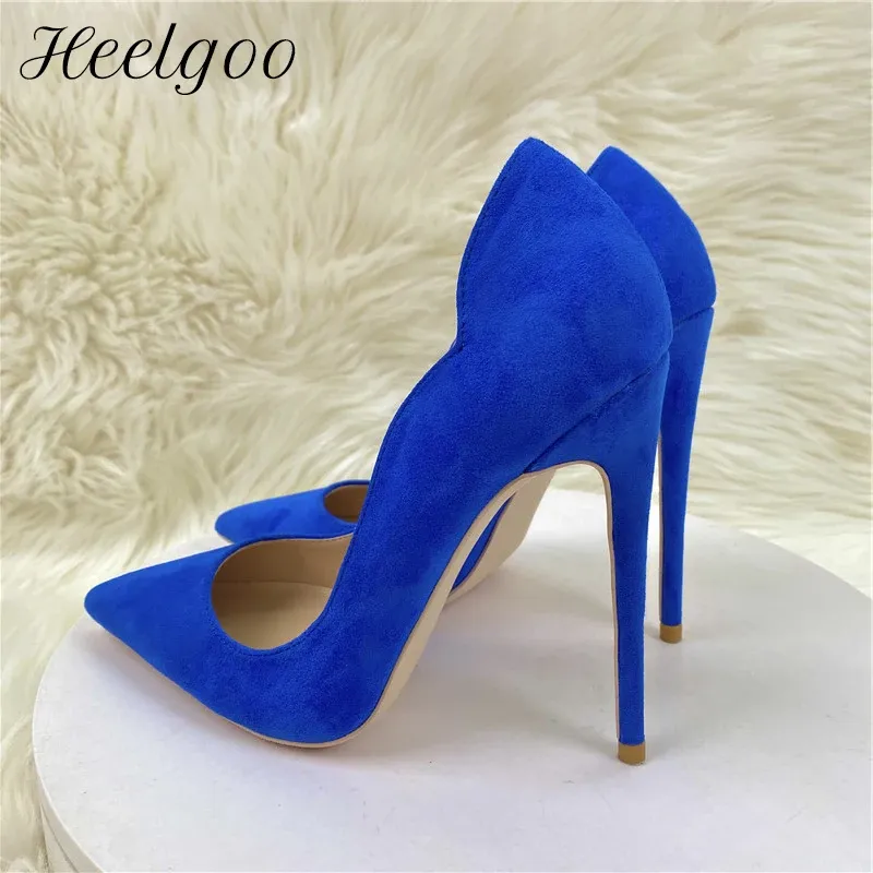 Pumps Heelgoo Royal Blue Synthetic Wildleder Frauen Seiten Curl Cut Spointy Toe High Heel Schuhe elegante Herde Stiletto Pumps Plus Size 3346