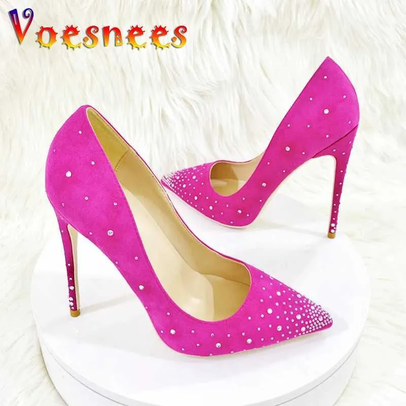 Klänningskor 2024 Spring New Suede High Heels Rhinestone Thin Heeled Shiny Party Nightclub 12cm Kvinnor pekade tåpumpar Rose Red H240325