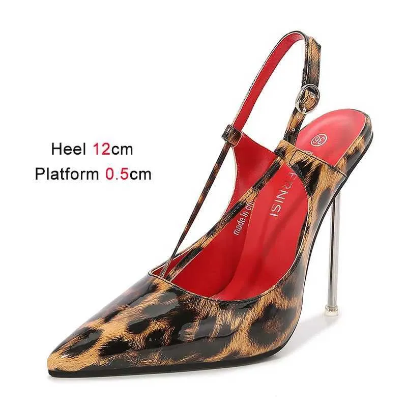 Klädskor sexig spetsig tå pumpar metall slim heeled leopard tryck kvinnor mode ihåliga ut höga klackar 12 cm sommarfest stilettos h2403210jyxtcf8