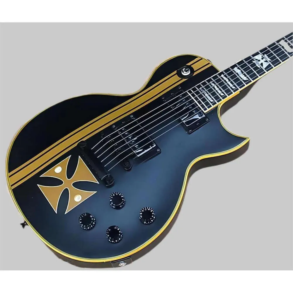 Elegante cruz de ferro sw guitarra elétrica antiga cruz listrada amarela, corpo preto e ferragens pretas, incrustação de trastes especiais, pode ser personalizado