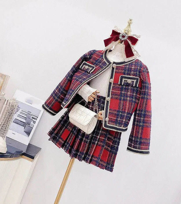 Lady Style Kids Plaid Clothes Set Girls Red Gitter Long Sleeve Blazers Outwear Pleated kjolar 2st Ins Ins Children Gitter Outfits Q8772