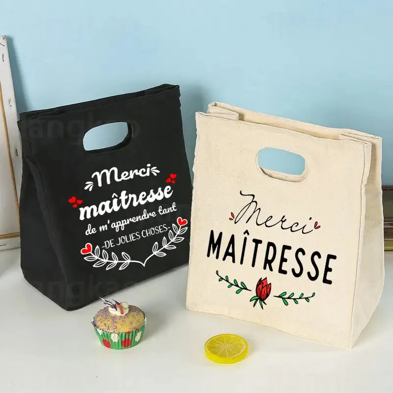 Borse termiche per gelato con stampa francese Borsa per il pranzo Borsa portatile in tela isolata Bento Tote Borsa termica per alimenti per la scuola Regalo per insegnanti 240315