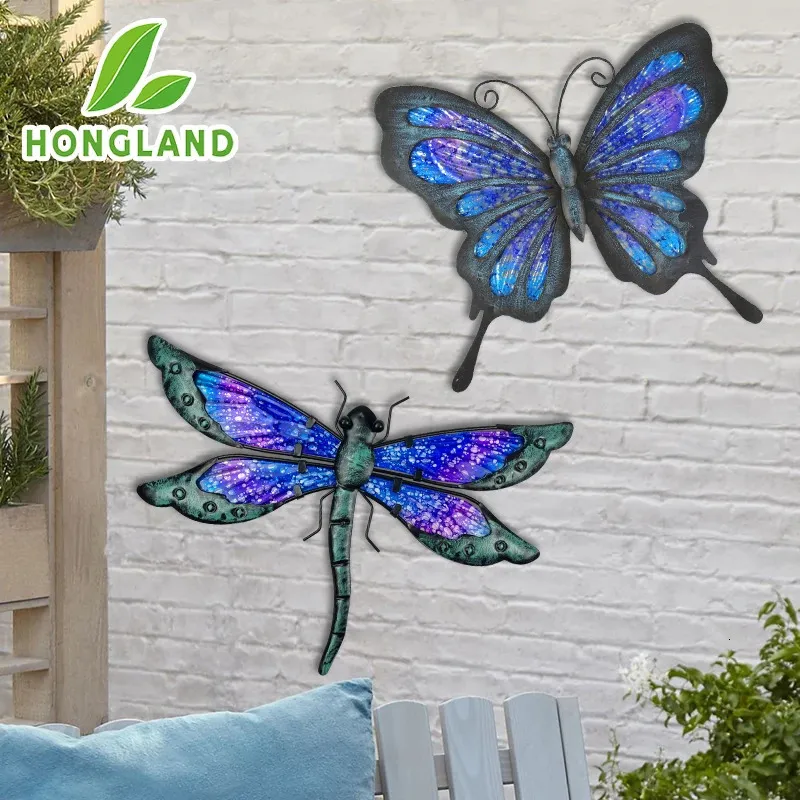 HONGLAND-Metal Butterfly Dragonfly Garden Decoration Sculpture Statue for Wall Art Ornaments of Patio Yard 2 PCs 240318