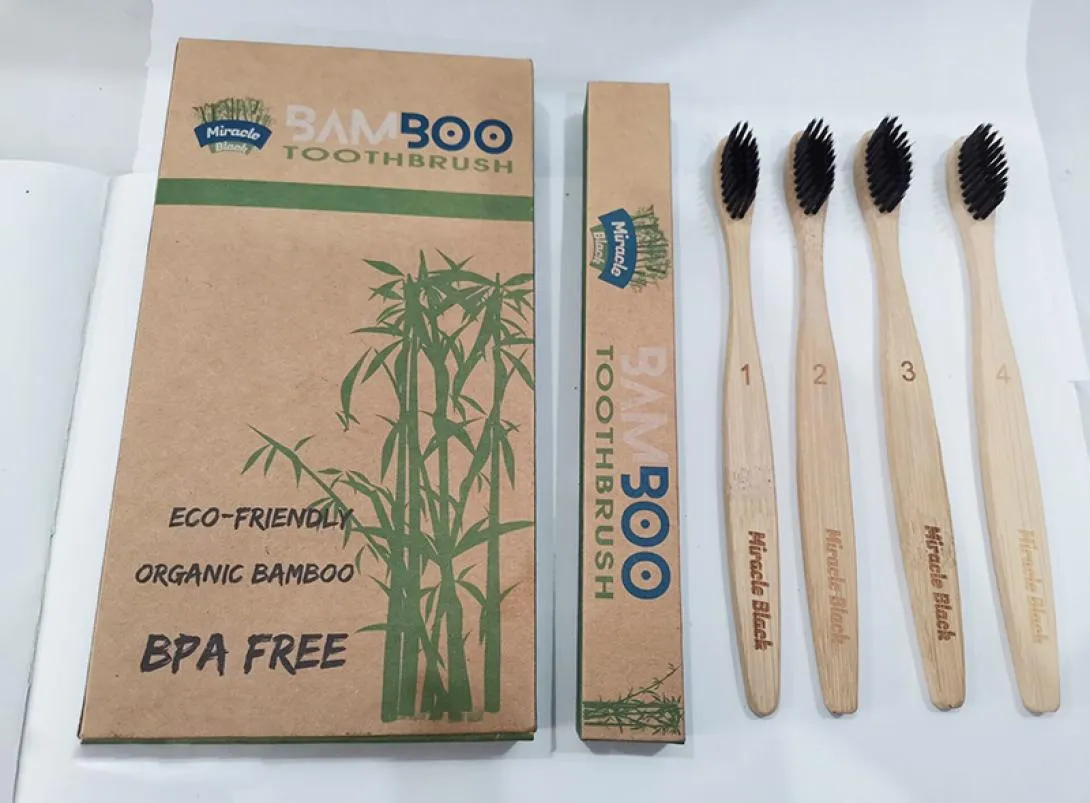 4 pièces dans un paquet brosse à dents au charbon de bambou biodégradable naturel paquet recyclable familial écologique pour les dents biologiques en bambou de voyage8071225