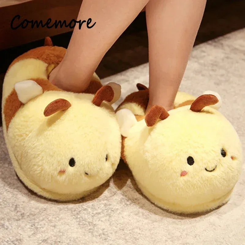 Slippers Comemore 2023 White Warm Adult Lady Plush Head Indoor Floor Women Fun Slipper Rabbit Cute New Home Slippers Cartoon Bee Design