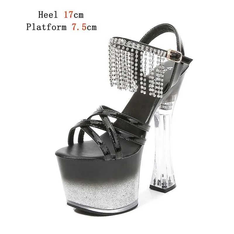 Shuzumiao 2021 Nieuwe Platform Sandalen Vrouwen Zomer Sexy Vierkante Hak Kruis Riem Hoge Hakken 17 Cm Bling Dames Strip pole Dance H2403217U22