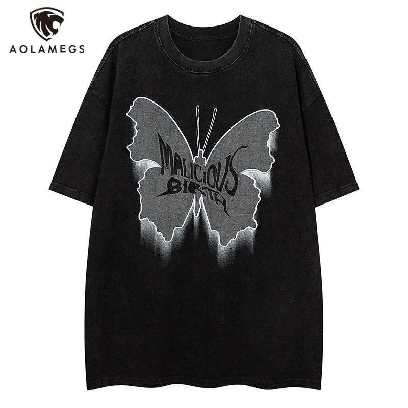 Herr t-shirts Mens T-shirt Butterfly Patchwork Short Sleeved American Retro T-shirt Masochistic Fashion T-Shirt Hip-Hop Casual Loose Top J240319