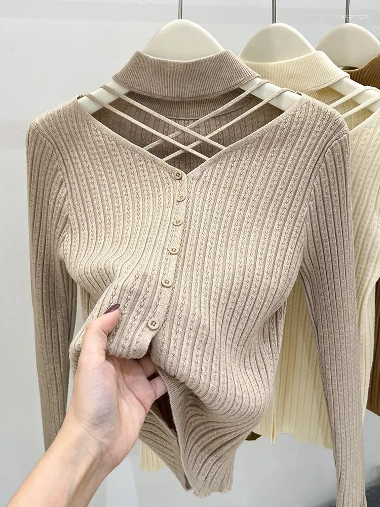 Kvinnors tröjor Sexig Hallow Out Halter Sticked Top For Women 2024 Autumn Solid Base Long Sleeve Bottoming tröja Skjorta