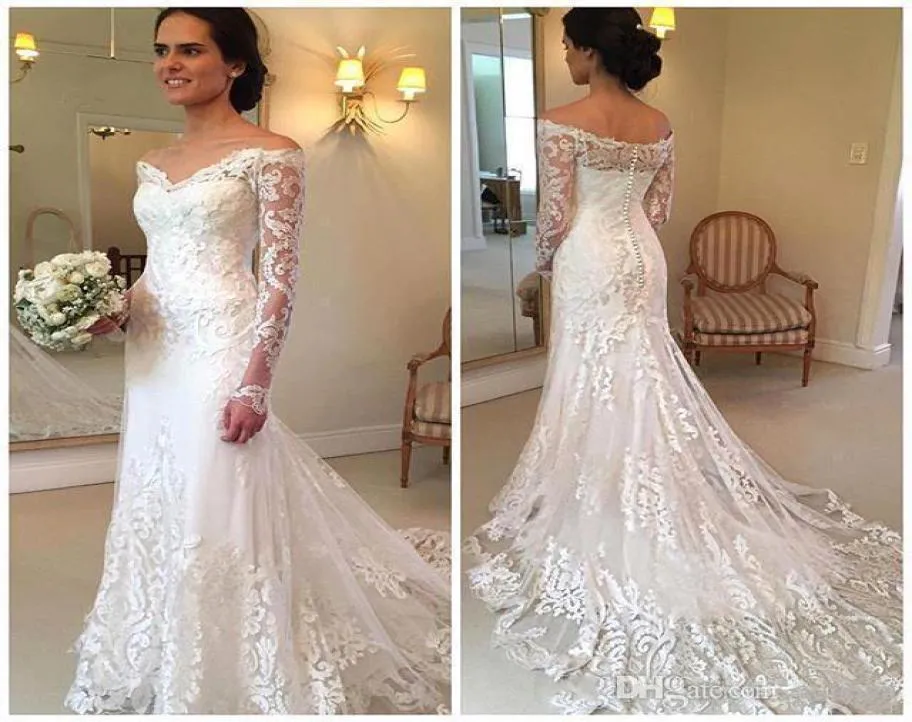 2019 manches longues modestes robes de mariée sirène dentelle appliquée queue de poisson hors épaule pays robes de mariée sur mesure pas cher Weddi6553620