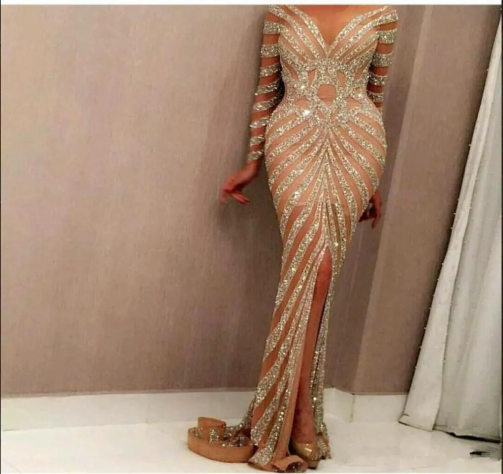 Yousef Aljasmi 2021 Robes de soirée sirène de luxe à manches longues Champagne pailletée sexy pure bijou cou avant fendu robes de bal Cus2934948