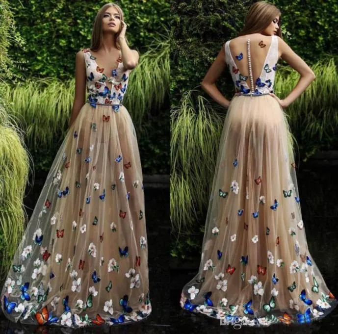 Butterfly and Flower Prom Dresses 2019 Sheer Neck Sleeveless Long Evening Gowns Back Covered Buttons Arabic Formal Party Dress CUS1142864