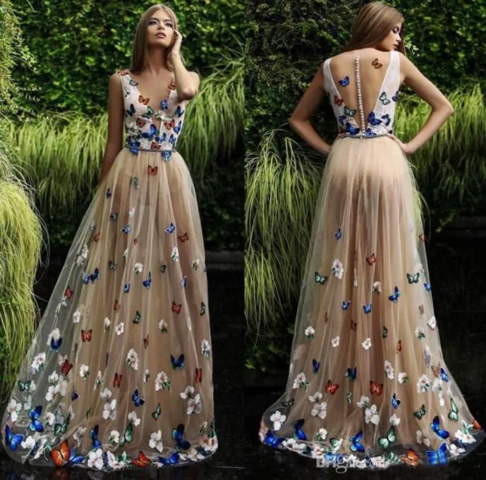 Robes de bal papillon et fleur 2019 col transparent sans manches longues robes de soirée dos boutons couverts arabe robe de soirée formelle Cus1142864