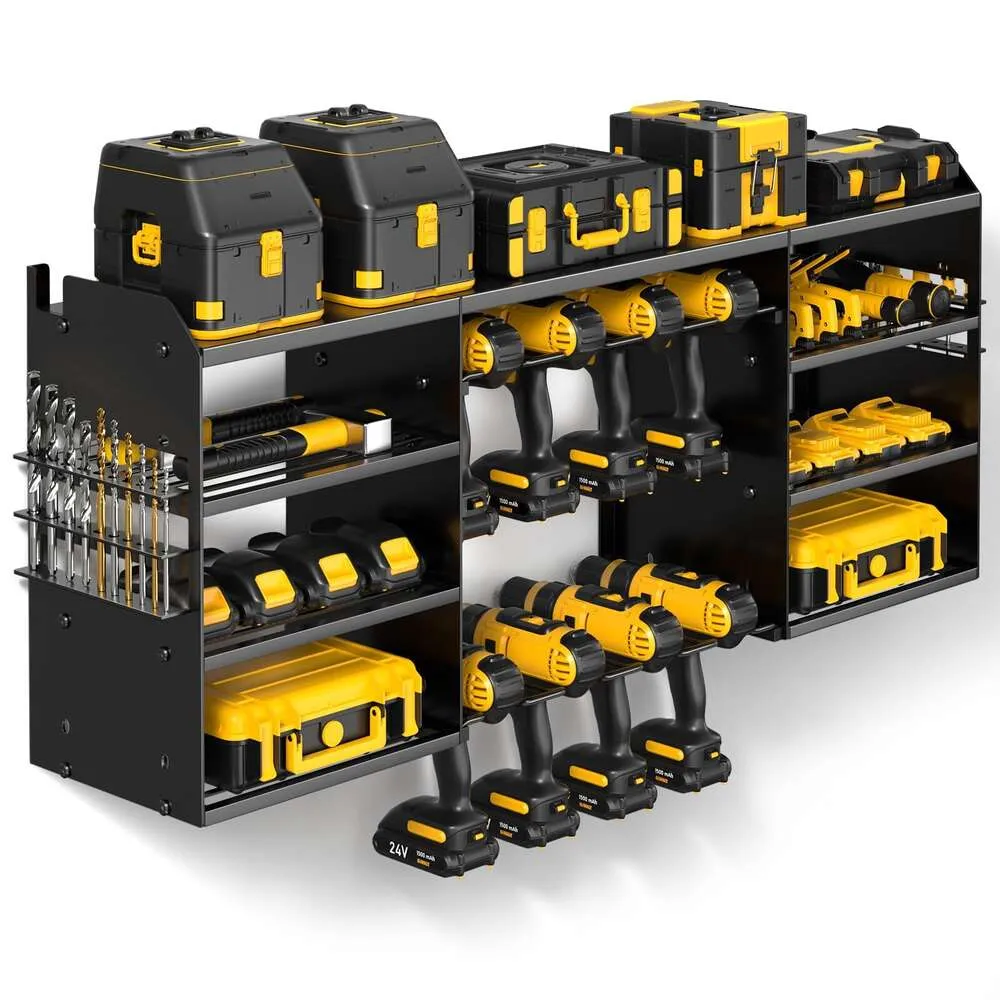 POKIPO Grand organiseur mural pour outils électriques, support robuste à 4 couches, rangement pour perceuses sans fil en métal, 8 perceuses, supports utilitaires noirs pour garage et établi