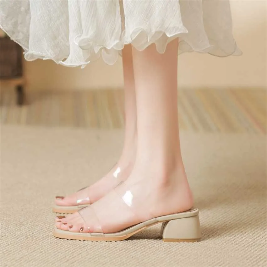 Schicke Damenschuhe Sommer Sandale Damen Dicker Absatz Offene Spitze Transparente Sandalen Sandles Heels High Flip Flop 240228