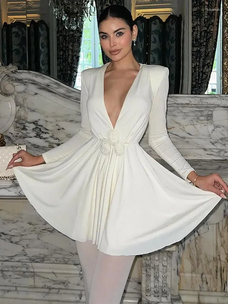 Casual Kleider Elegante Sexy 3D Blume Tiefem V-ausschnitt Mini Für Frauen Langarm Eine Linie Vestidos Beachwear Urlaub Club roben