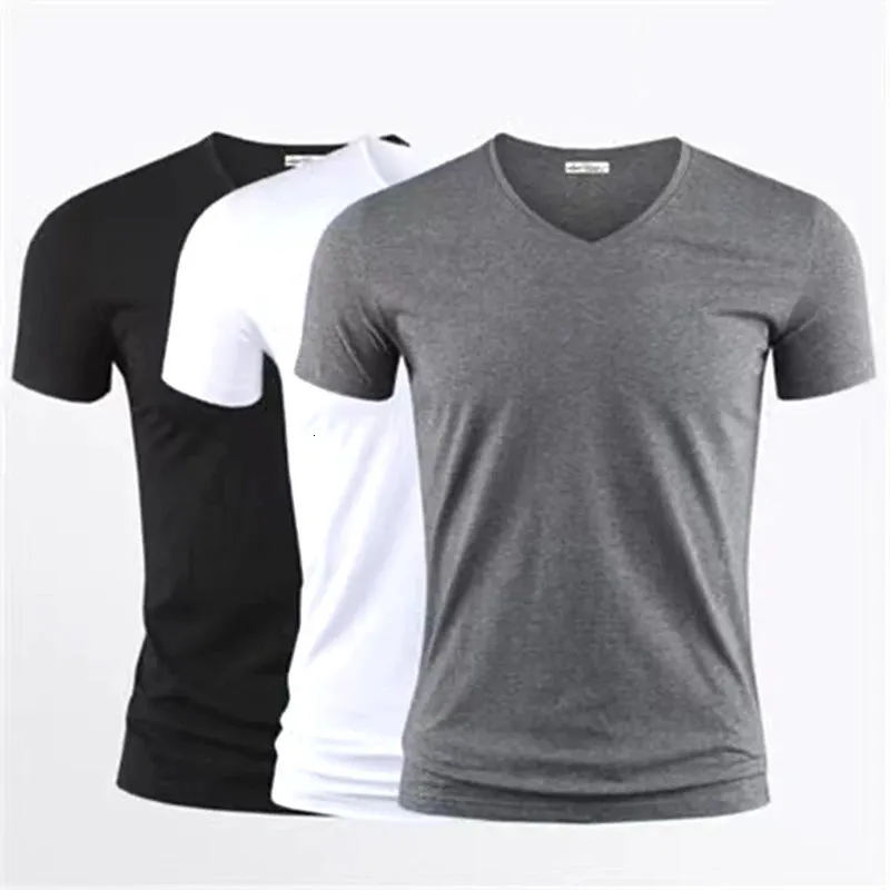 남성 T 셔츠 순수한 컬러 v 칼라 짧은 슬리브 탑 티 테스 남자 tshirt 블랙 스타킹 남자 tshirts 남성 옷을위한 피트니스 240309