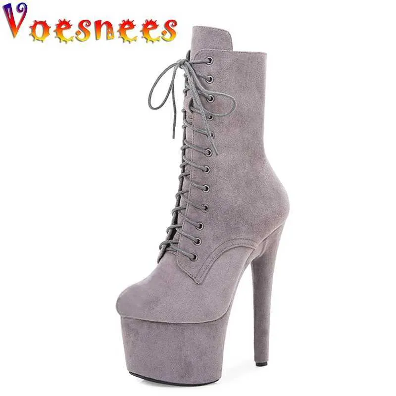 Sapatos de vestido Mulheres Candy Color 17cm Pole Dance Botas Nova Cor Pura Camurça Nightclub Desempenho Plataforma À Prova D 'Água Lace Up High Heels H240325