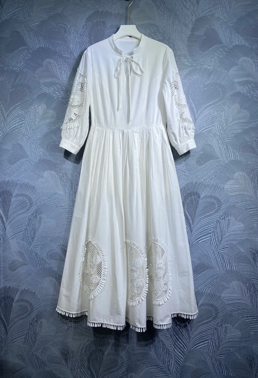 2024 Spring White Solid Color Panel Dress Long Sleeve Stand Collar Long Maxi Casual Dresses F4M181650