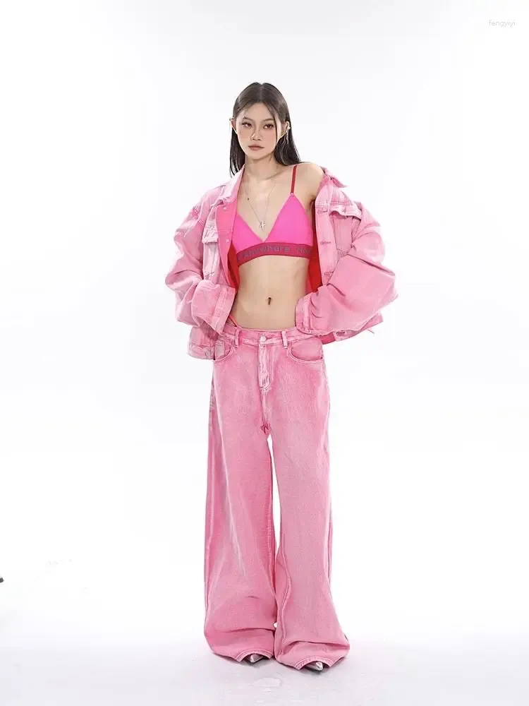 Pantaloni a due pezzi da donna Giacca di jeans unisex personalizzata alla moda con silhouette a gamba larga rosa con jeans streetwear alti