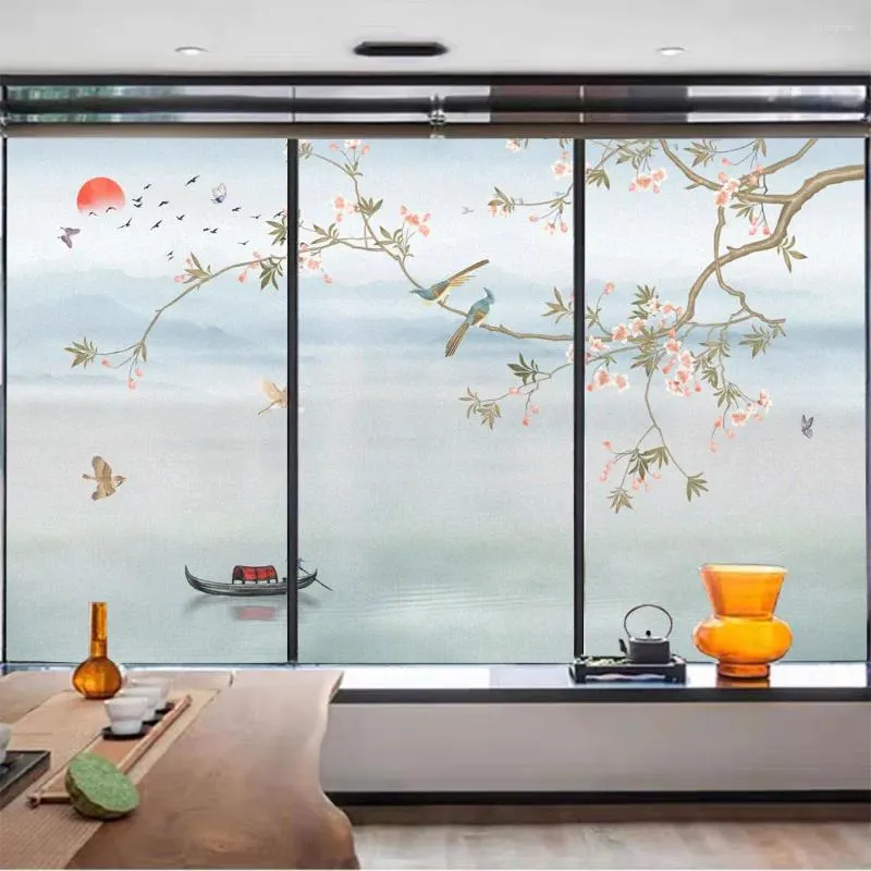 Window Stickers PVC Privacy Film Sun Blocking Non-Glue Static For Glass Door Tint Flowers And Birds Pattern Frosted